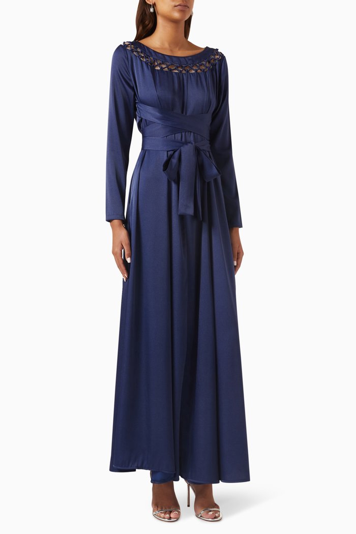 

Cut-out Trim Belted Maxi Dress in Satin, Blue