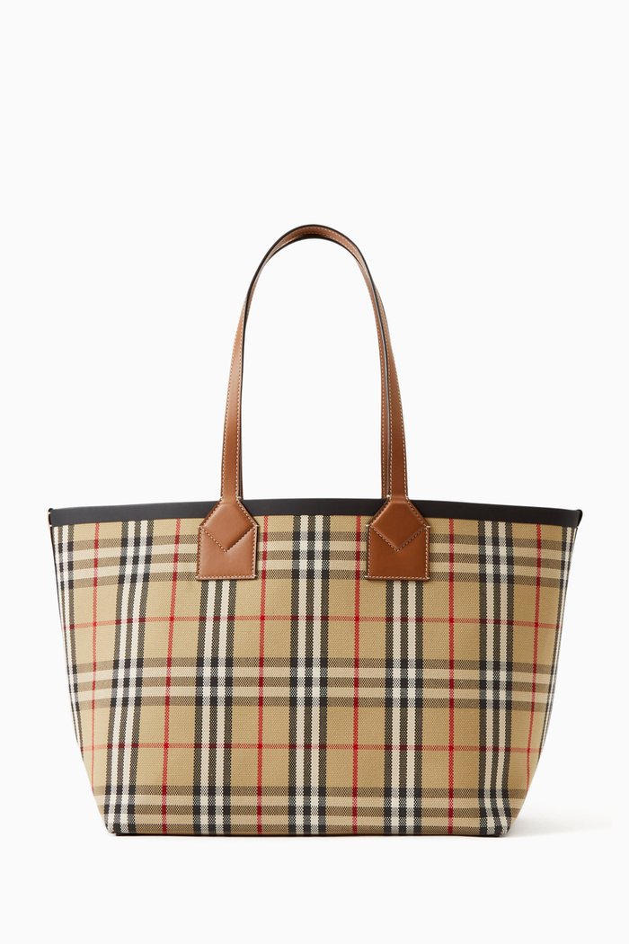 Medium Tote Bag in Check Bio-based Canvas, Brown