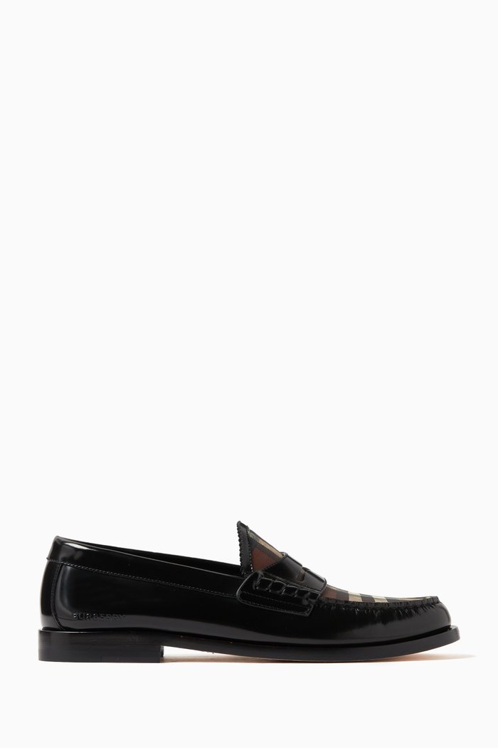 

Shane Checked Panel Loafers in Leather, Black