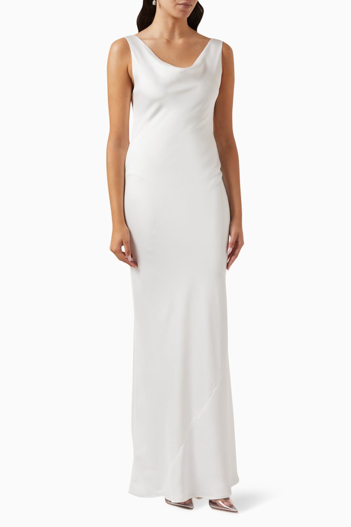 

Draped Neck Maxi Dress in Satin Crepe, White