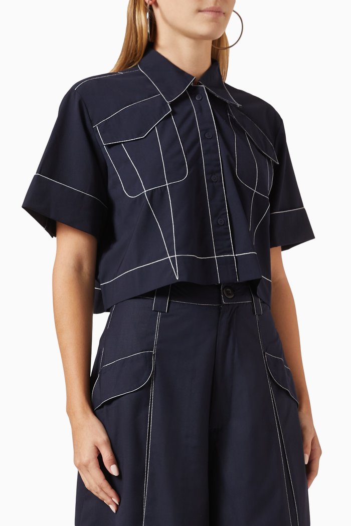 

Contrast-stitch Crop Shirt in Viscose-blend, Blue