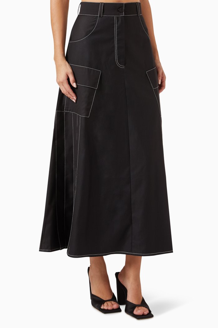 

Contrast-stitch Pleated Midi Skirt in Viscose-blend, Black
