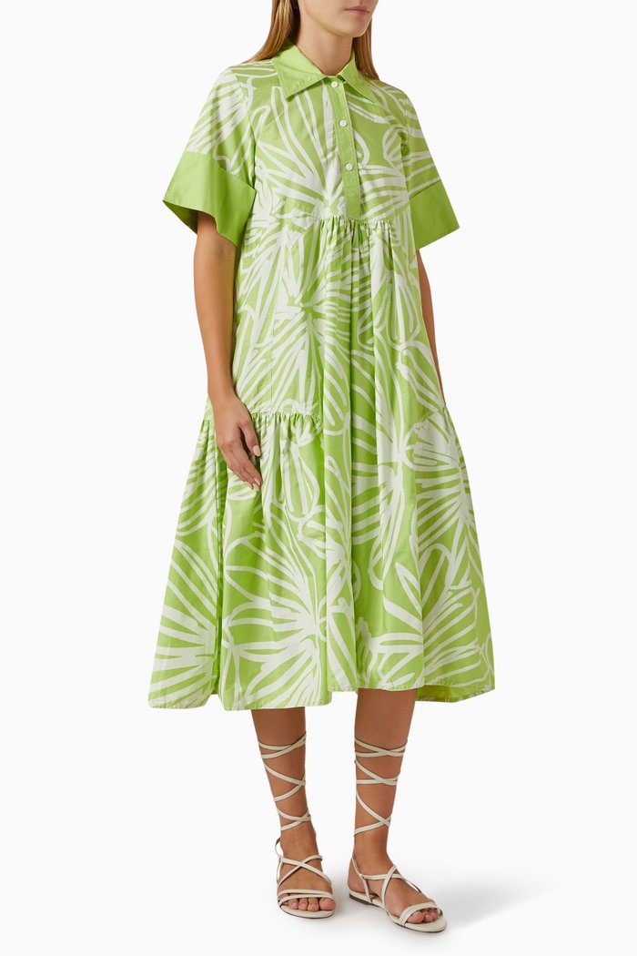 

Abstract-print Flared Midi Dress in Cotton-poplin, Green