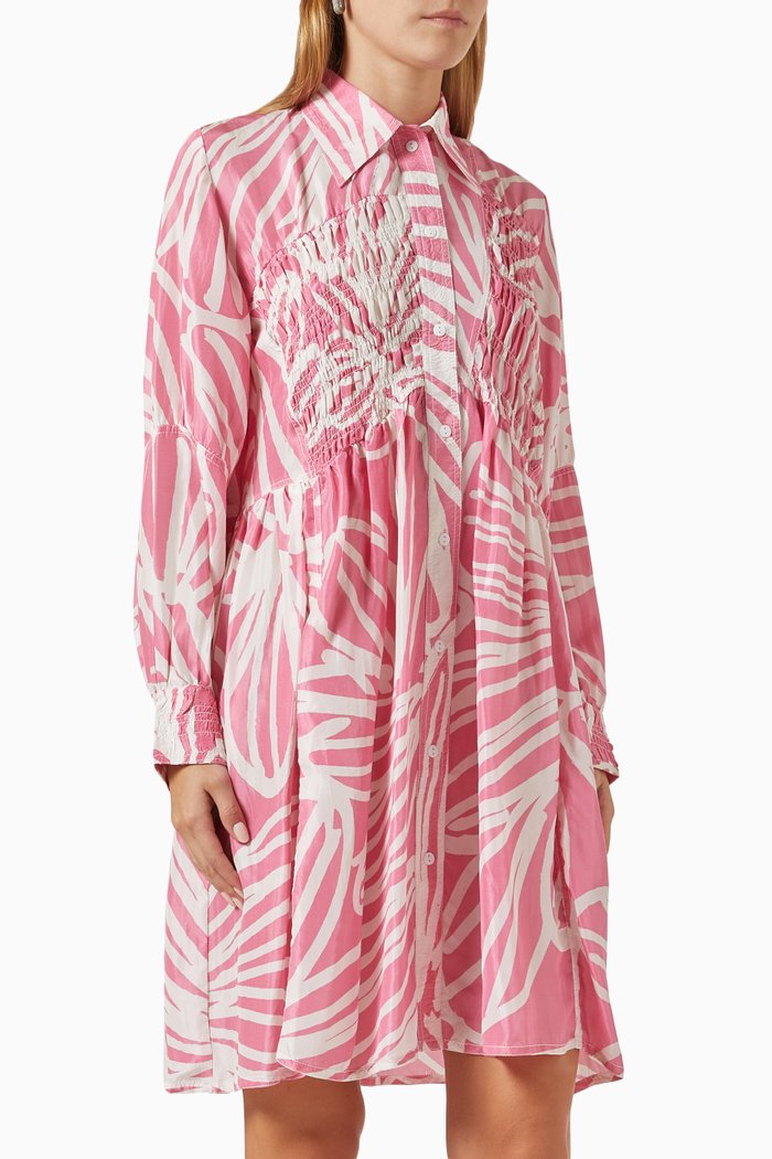 

Smocked Abstract-print Mini Dress in Silk, Pink
