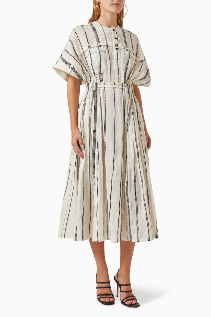

Striped Midi Dress in Linen-blend, Neutral