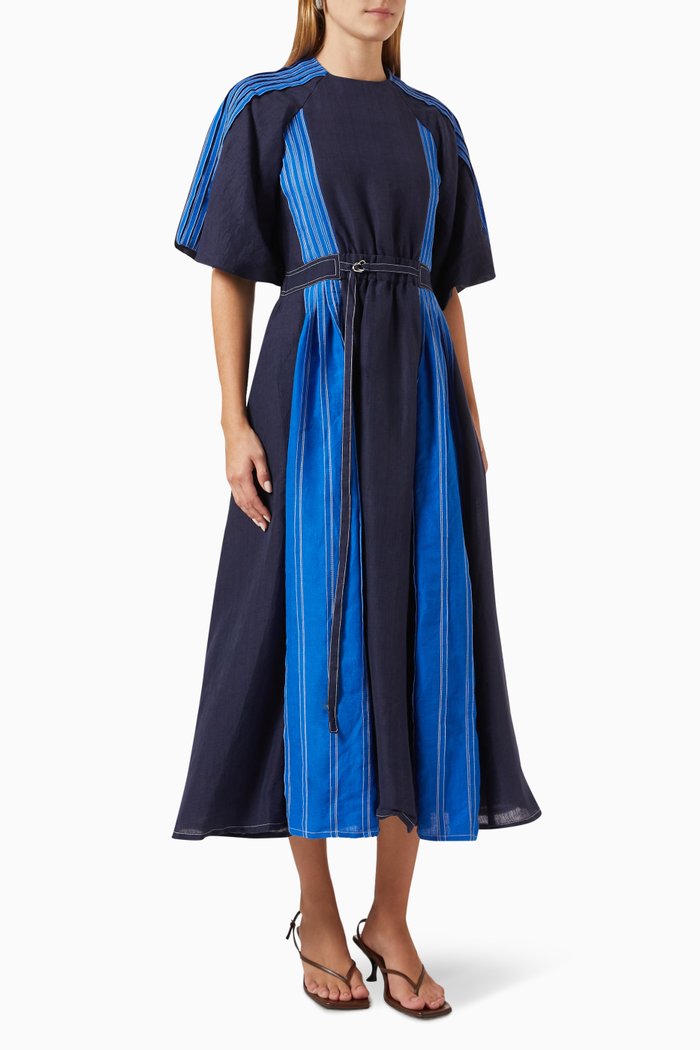 

Colour-block Pleated Midi Dress in Linen-blend, Blue