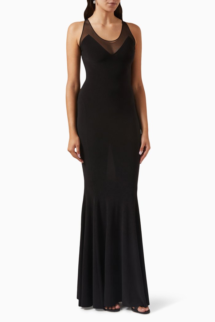 

Racer Fishtail Maxi Dress in Poly Lycra & Mesh, Black