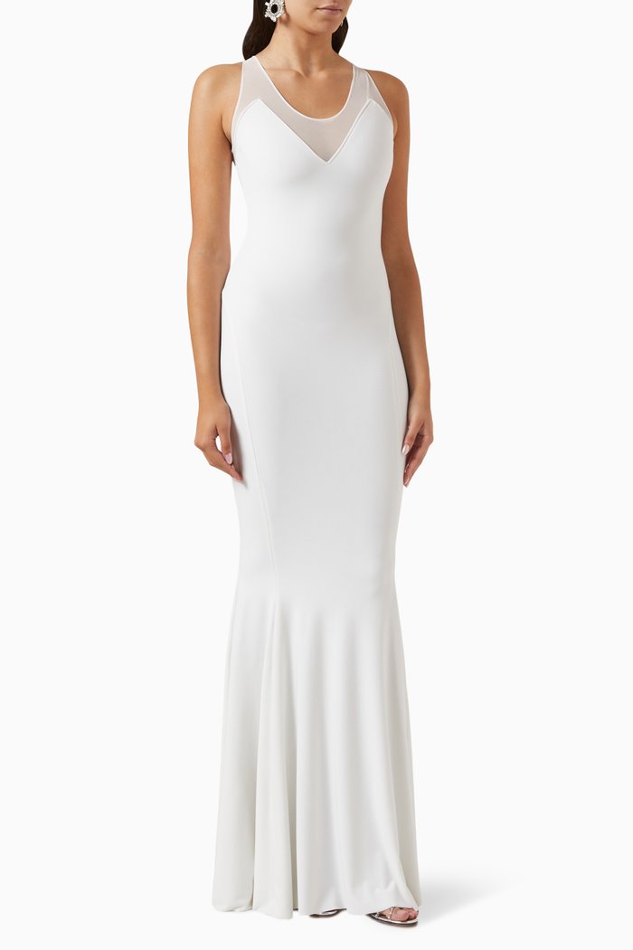 

Racer Fishtail Maxi Dress in Poly Lycra & Mesh, White