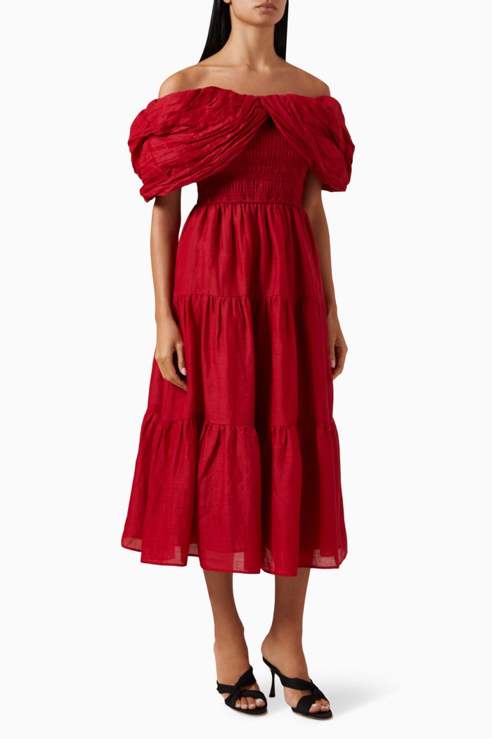 

Loren Off-shoulder Midi Dress in Ramie, Red