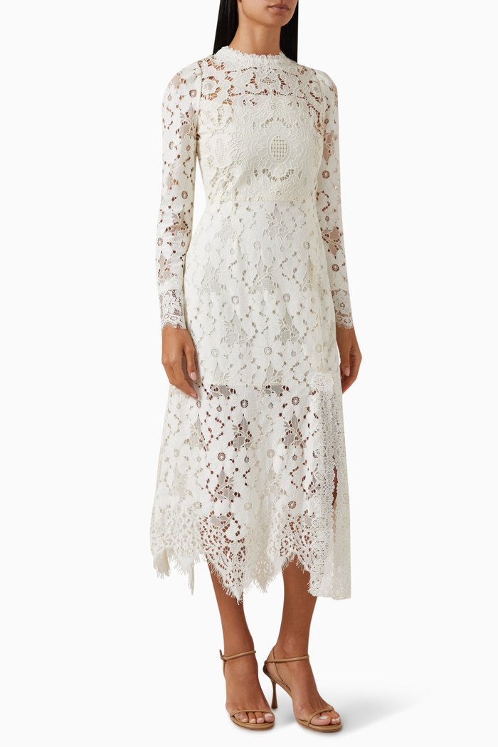 Dalia Midi Dress in Lace, White