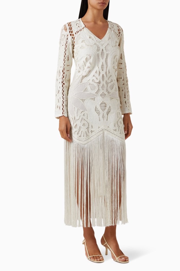 

Liesel Fringed Midi Dress in Cotton, Neutral