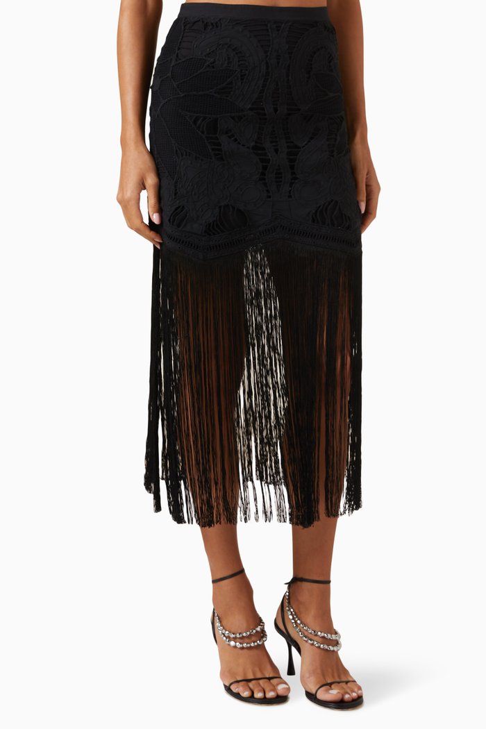 

Liesel Fringed Midi Skirt in Cotton, Black
