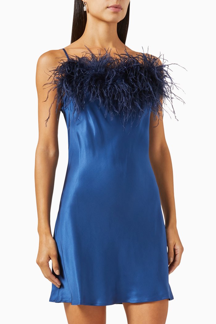 

Boheme Feather-trimmed Mini Slip Dress in Ecovero, Blue