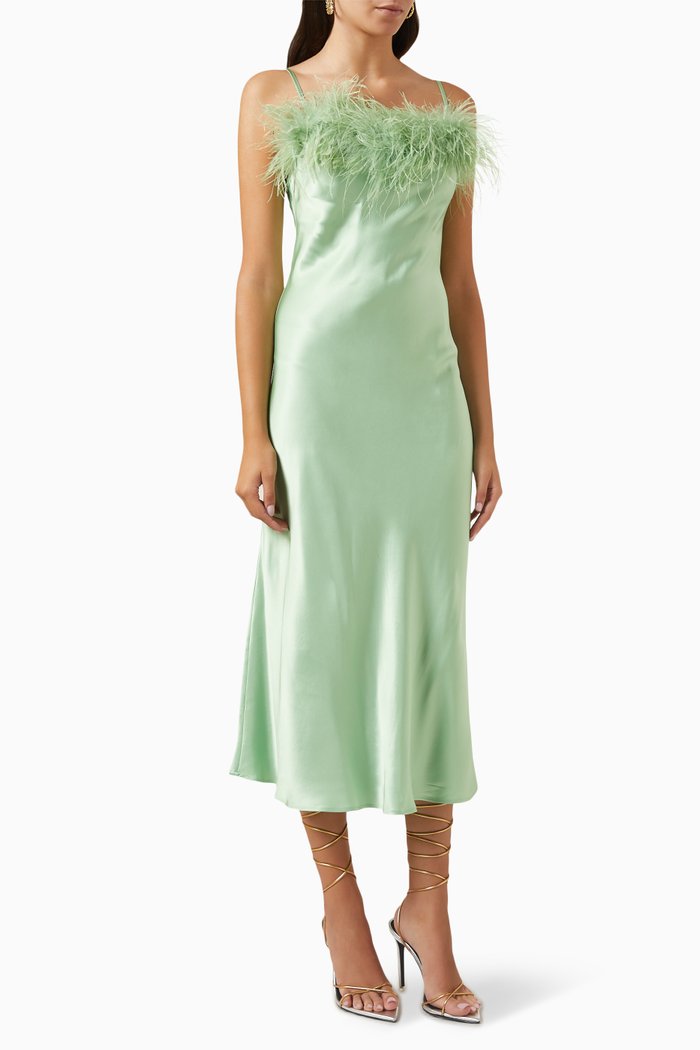 

Boheme Feather-trimmed Midi Slip Dress in Ecovero, Green