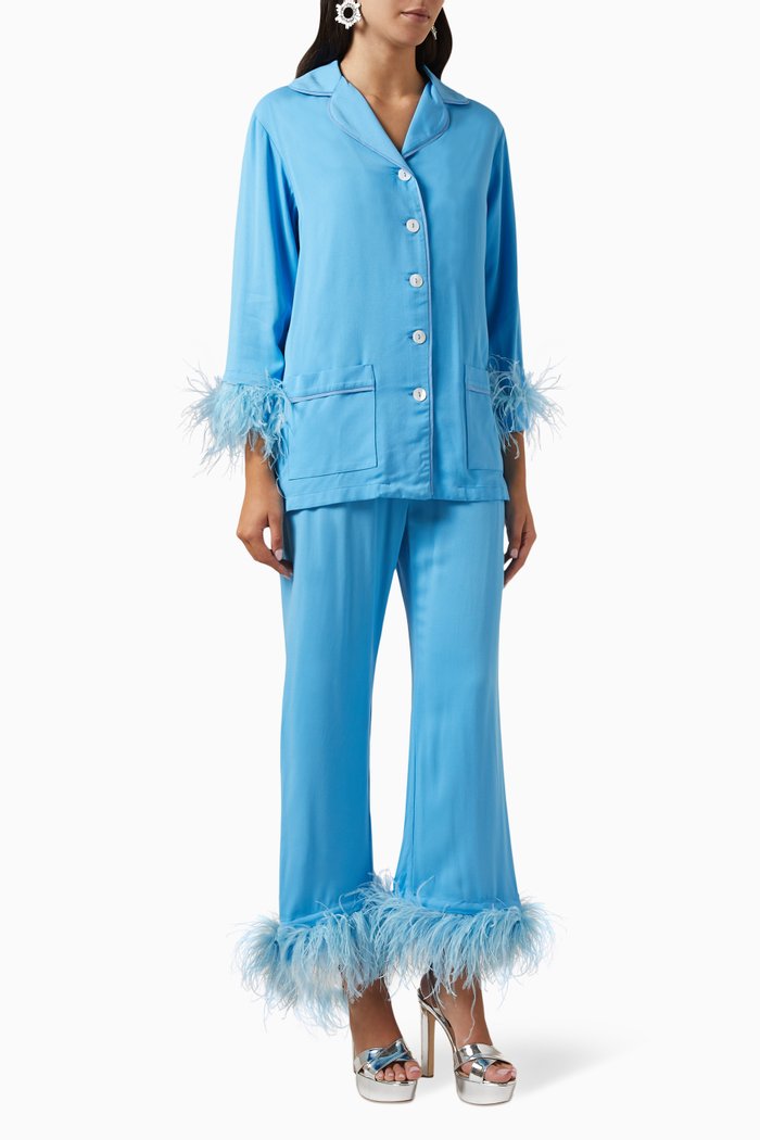Detachable Feather Party Pyjama Set in Viscose, Blue