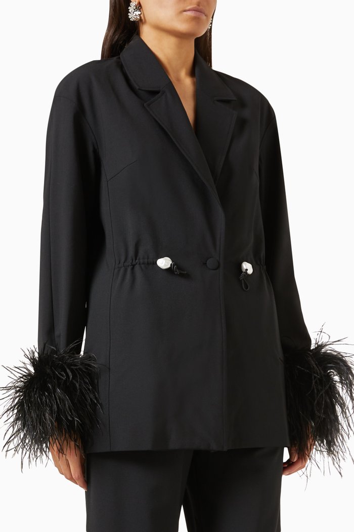 Girl with Pearl Button Blazer in Stretch Wool-blend, Black