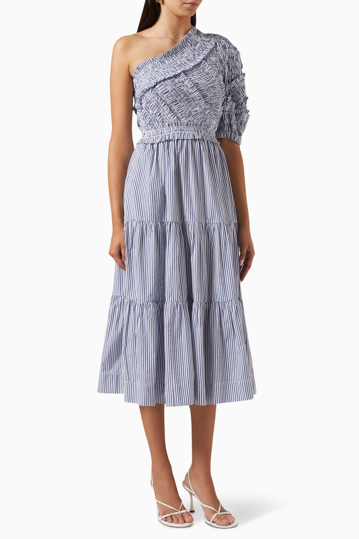 

Axelle One-shoulder Midi Dress in Cotton, Blue