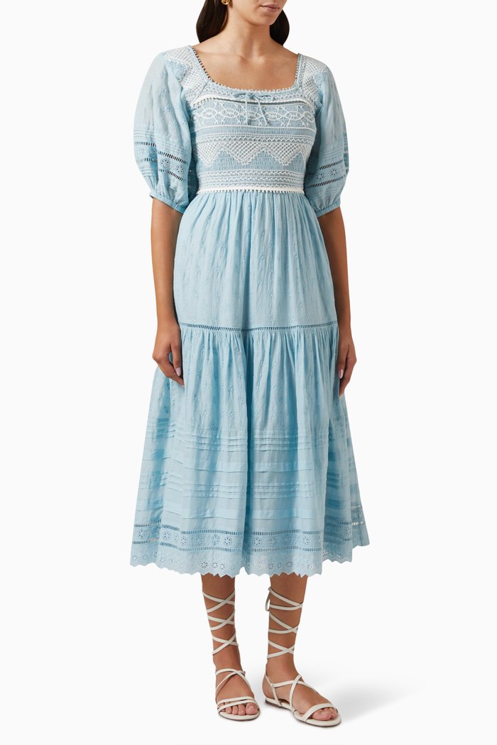 

Olga Smocked Midi Dress in Cotton, Blue