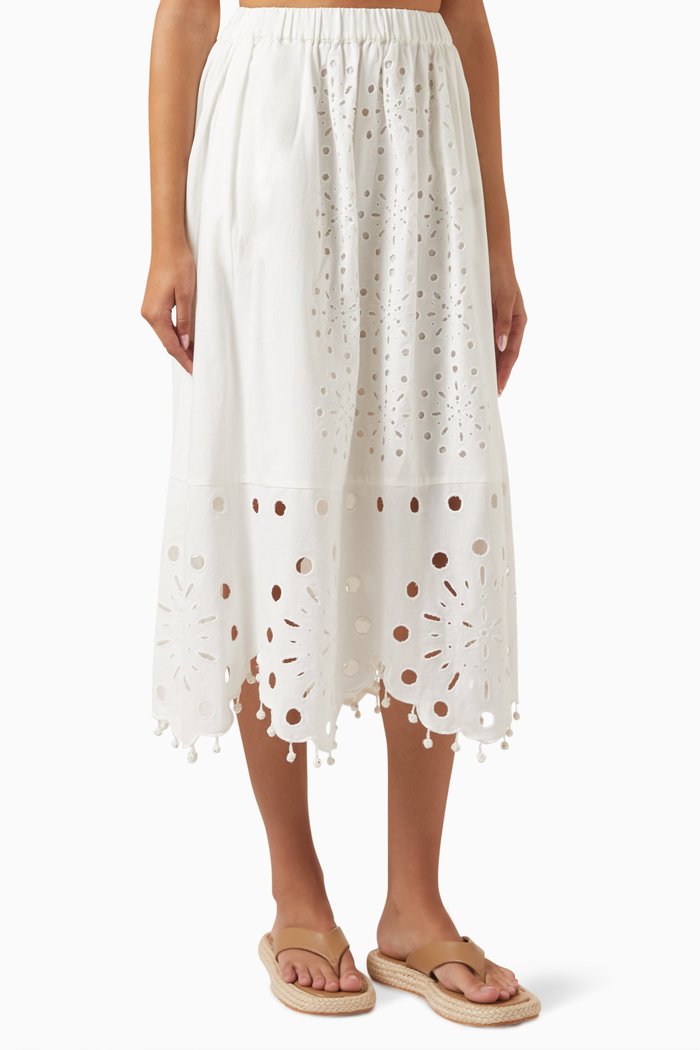 

Addie Eyelet Midi Skirt in Cotton-linen, Neutral