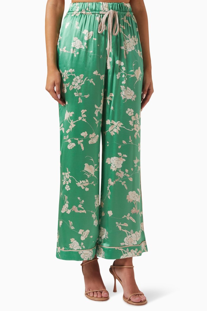 Julian Floral-print Pants in Silk & Satin, Green