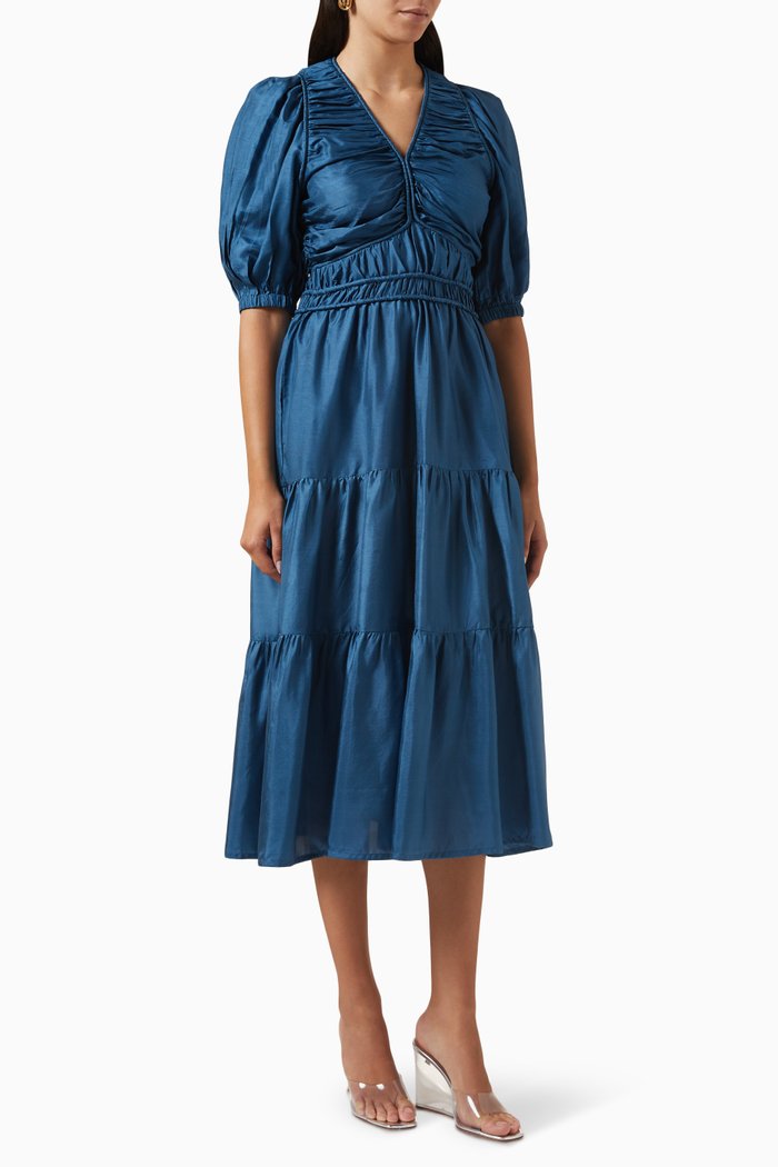 

Kyle Gathered Midi Dress in cotton, Blue