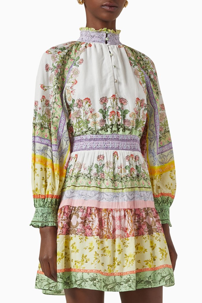 

Lavinia Blouson-sleeve Mini Dress in Cotton, Multicolour