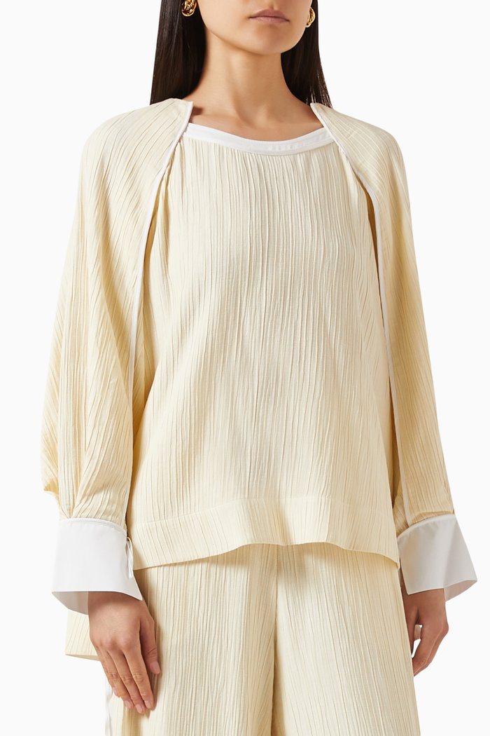 Contrast-trim Blouse in Crinkle-viscose, Neutral