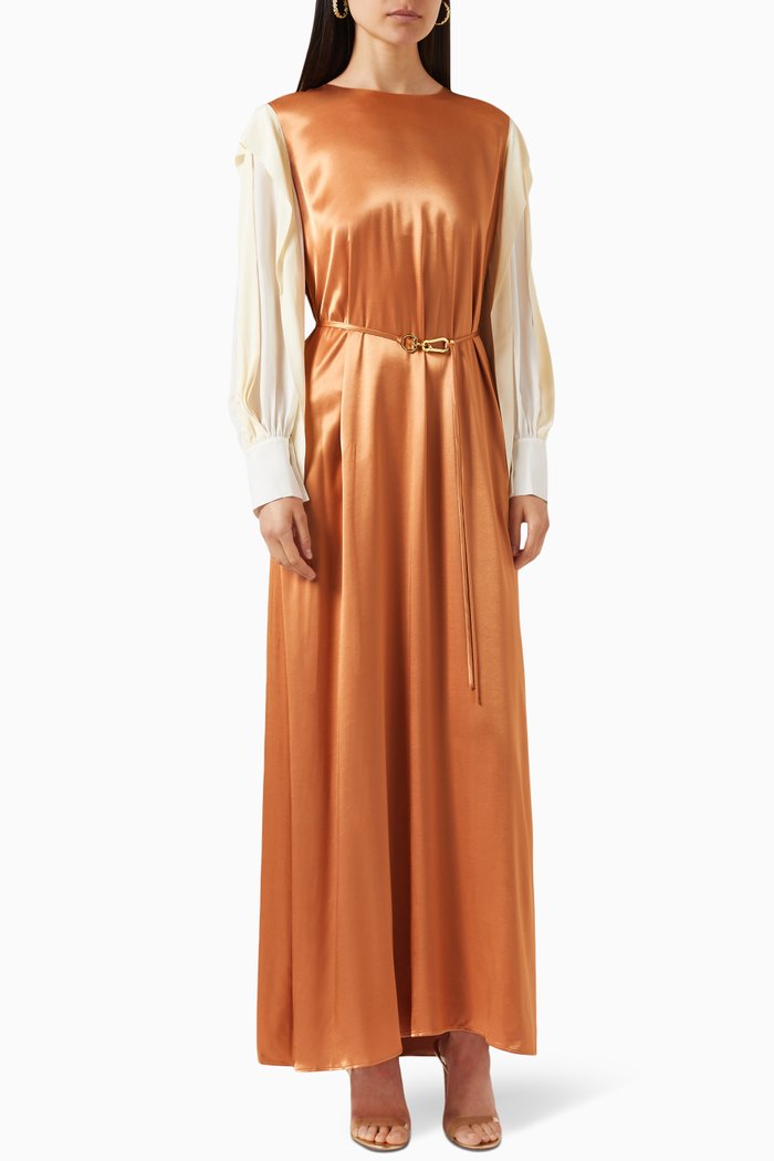

Belted maxi Dress in Satin, Brown