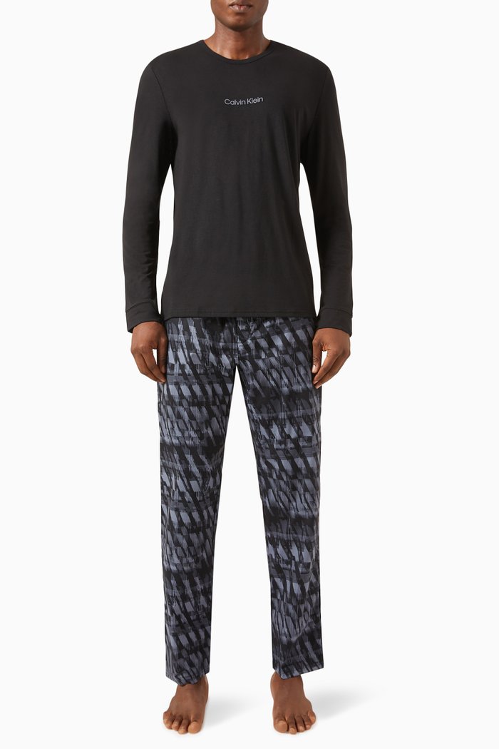 

Logo Print Pyjamas Set in Cotton Blend, Black