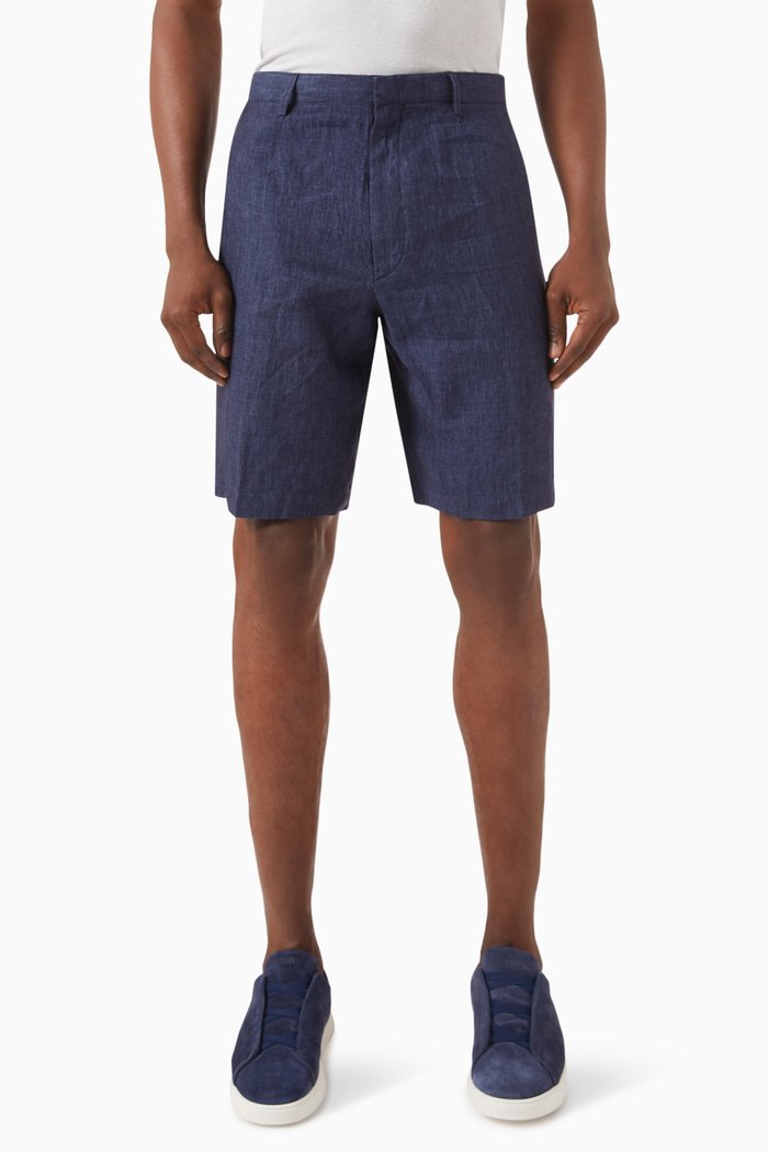 

Utility Pleated Shorts in Linen, Blue