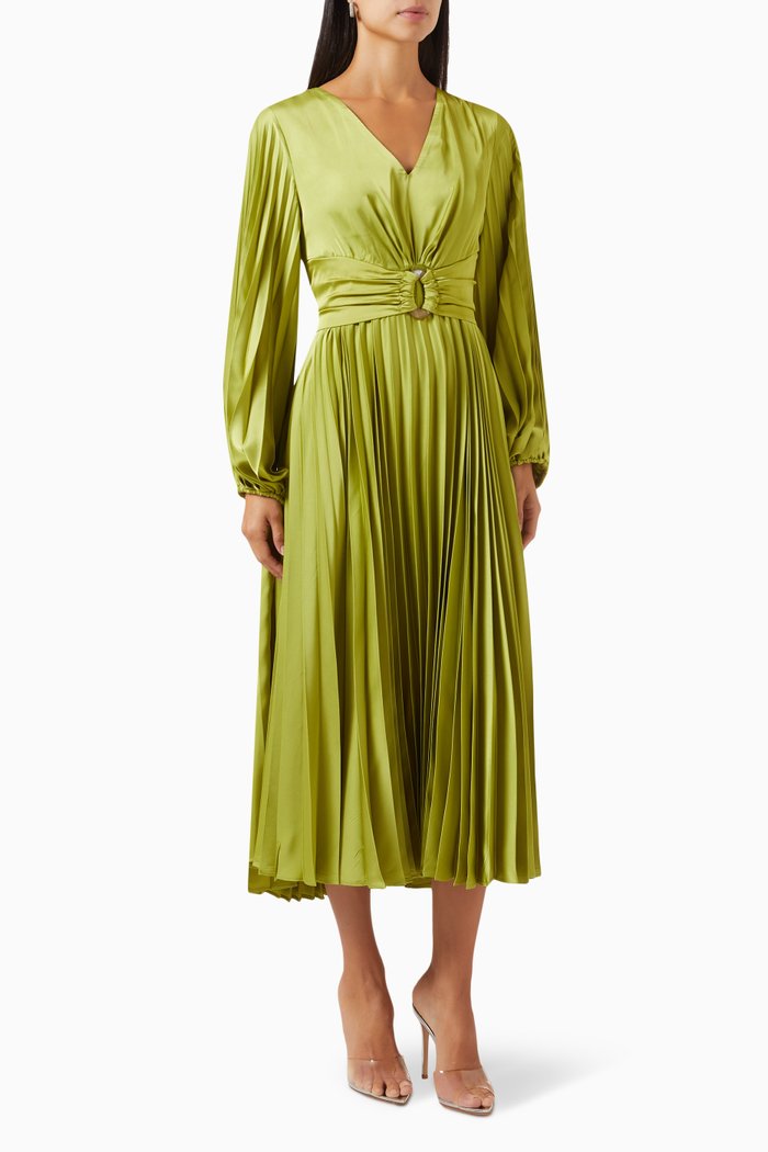 

Pleated Midi Dress in Satin, Green