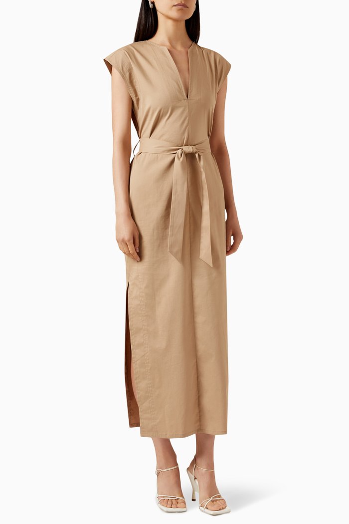 

Cap-sleeve Belted Midi Dress in Cotton, Neutral