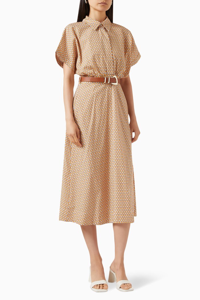 

Geometric-print Belted Midi Dress in Cotton, White