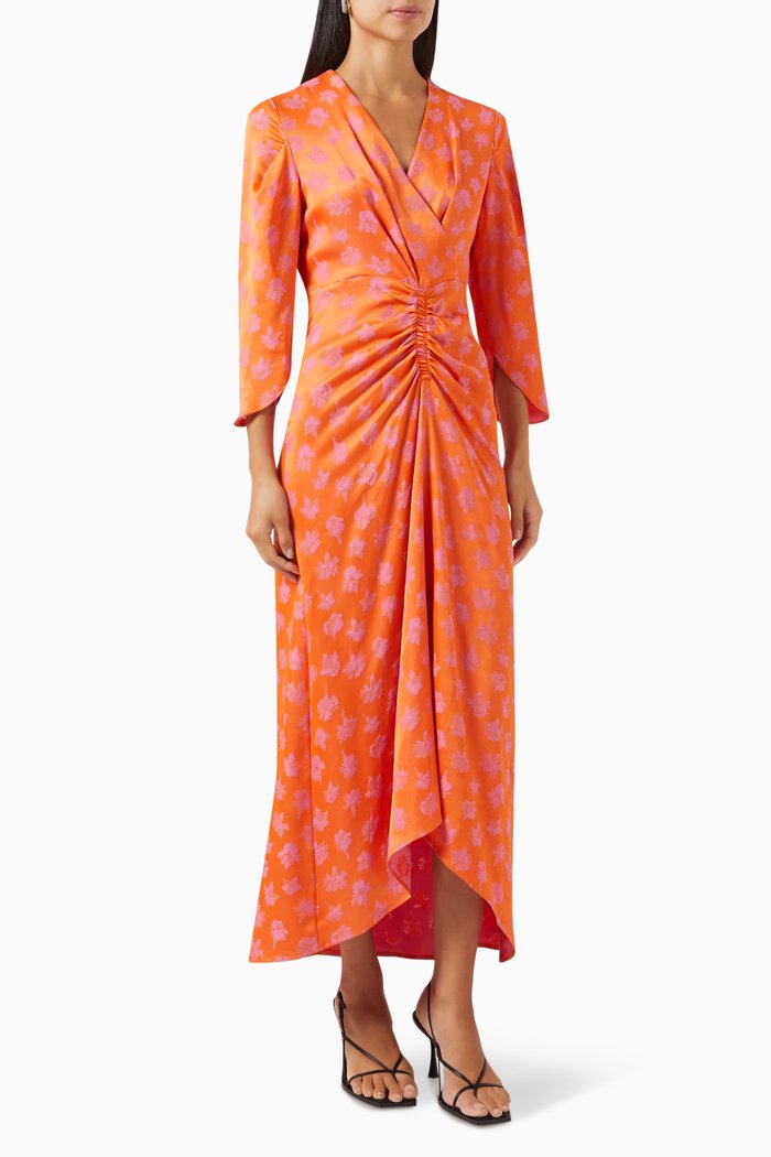 

Ruched Midi Dress in Jacquard, Orange