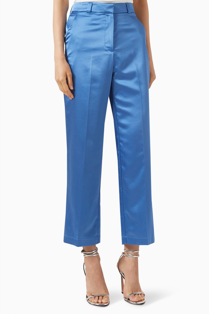 

Cropped Straight-fit Pants in Satin, Blue