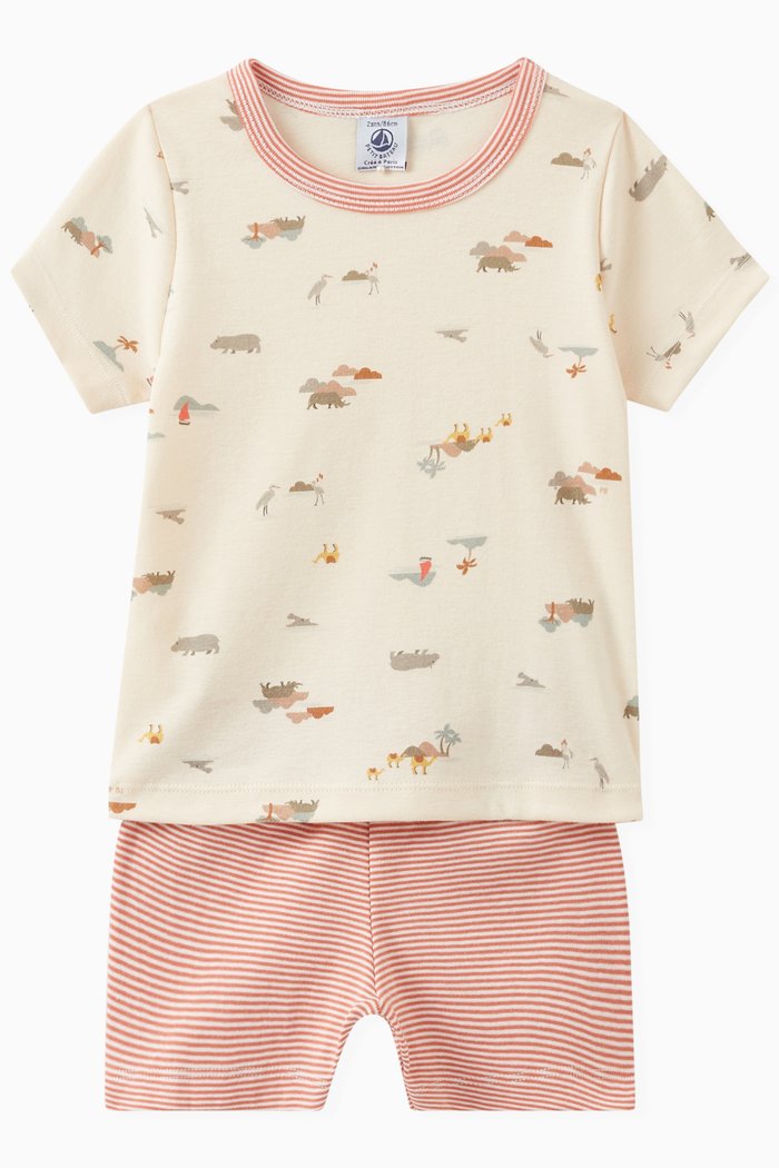 

Striped Animal-print T-shirt & Shorts Set in Cotton, Multicolour