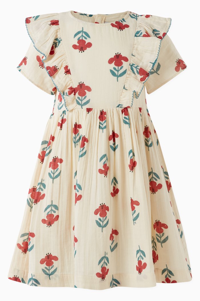 

Floral Print Ruffled Dress in Cotton Gauze, Multicolour