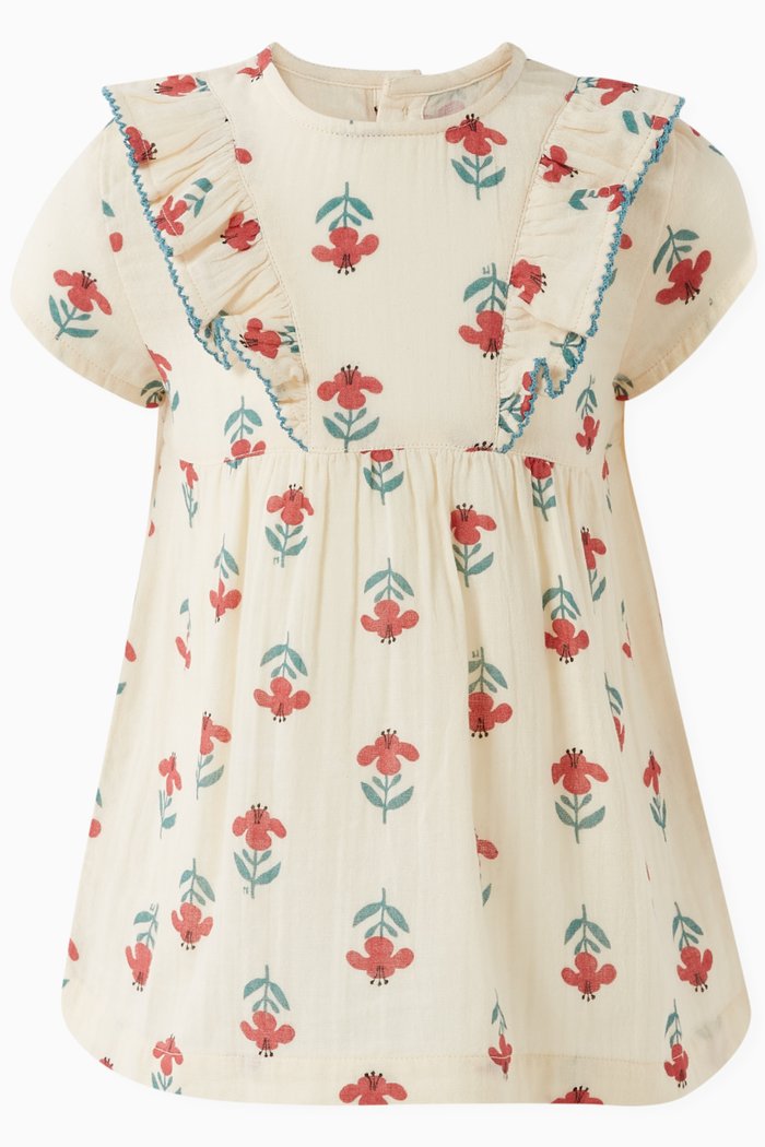 

Floral Print Ruffled Dress in Cotton Gauze, Multicolour