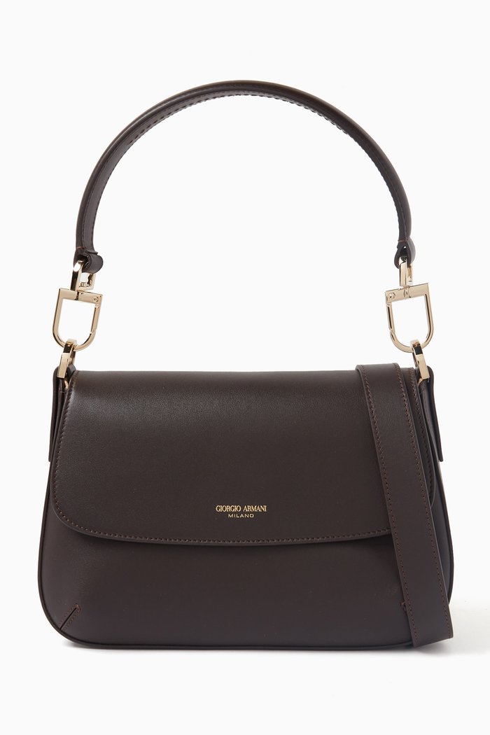 

Small La Prima Shoulder Bag in Pebbled Leather, Brown