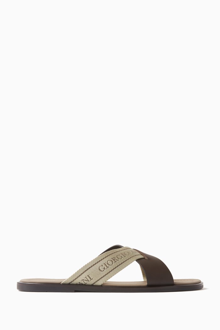 

Cross-strap Logo Sandals in Jacquard & Leather, Neutral