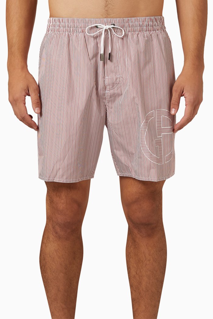 

Striped Logo Swim Shorts in Nylon, Red