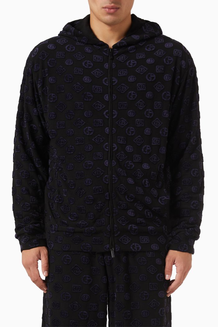 

All-over Flocked Logo Hoodie in Jersey, Black