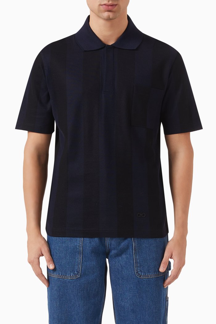 

Duo Tone Stripe Polo Shirt in Cotton, Blue