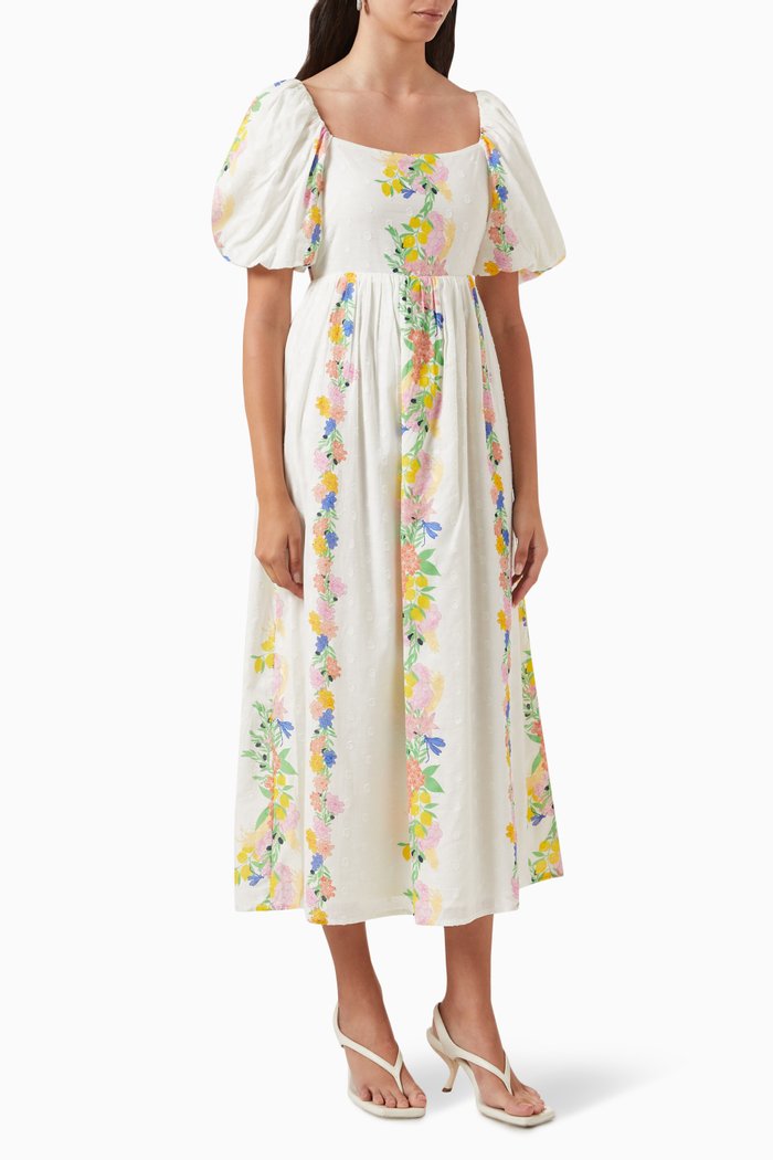 

Prarie Floral-print Midi Dress in Cotton, White