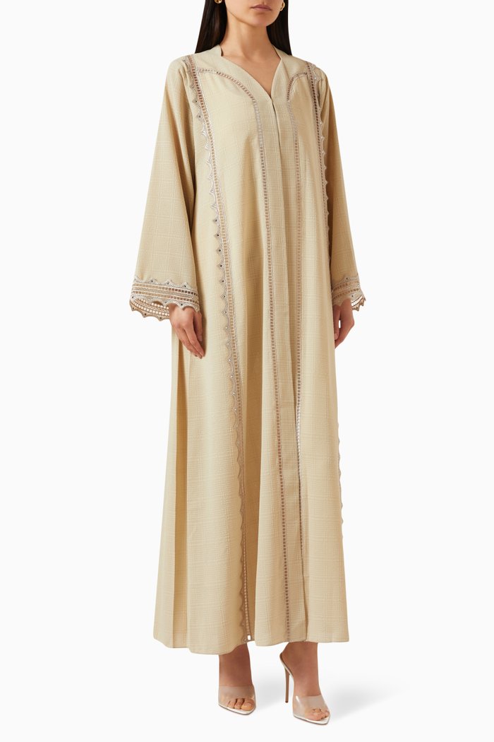 Crystal-embellished Abaya in Dobby, Neutral