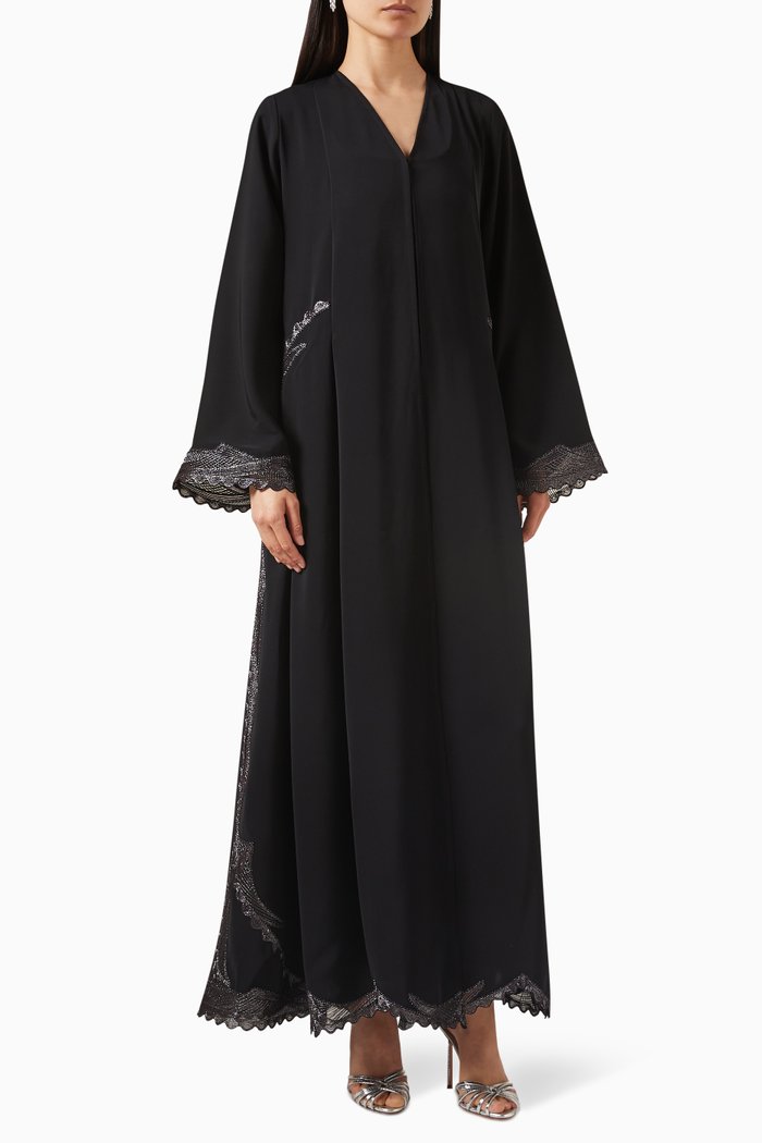 

Metallic-cord Embroidered Abaya in Crepe, Black