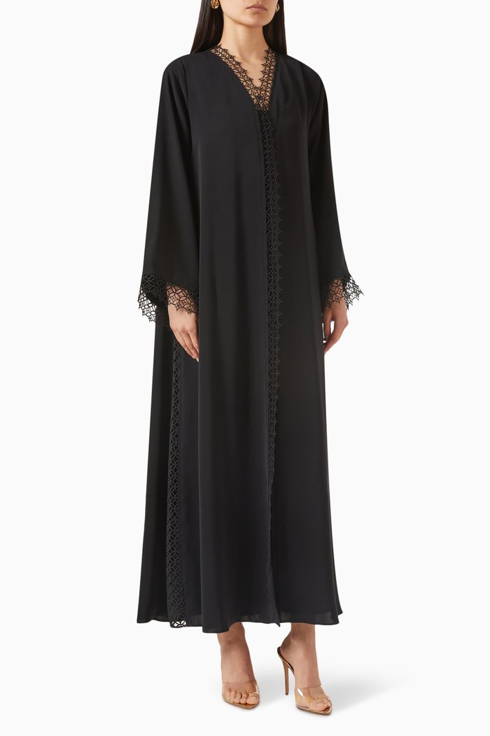 

Lace-trimmed Abaya in Crepe, Black