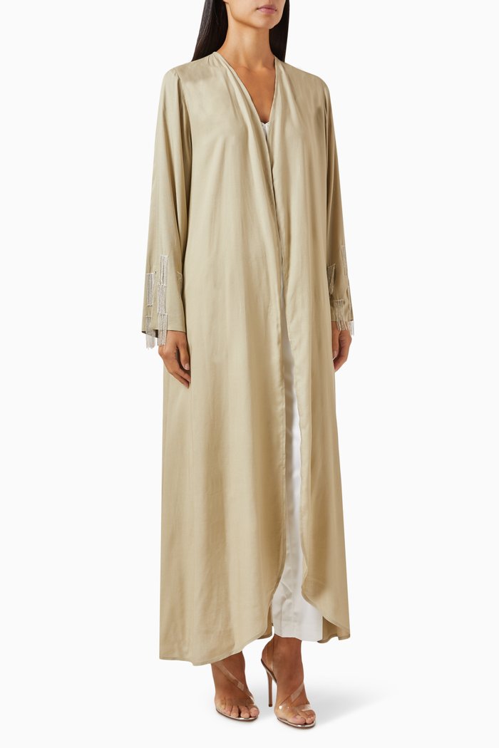 Tassel-trimmed Abaya in Linen-rayon Blend, Neutral