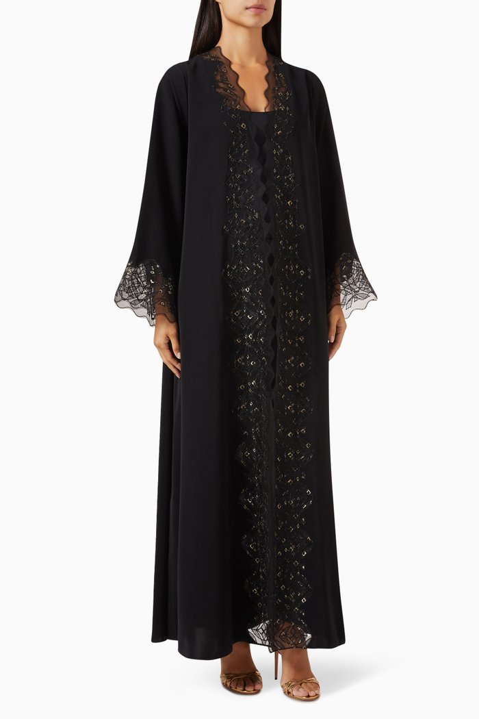 

Mosaic Lace-trimmed Abaya in Crepe, Black
