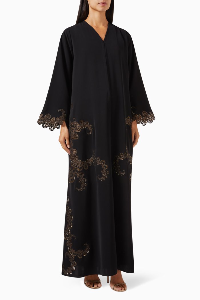 

Laser-cut Embellished Abaya in Crepe, Black